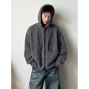 欧洲站秋冬新款复古慵懒风针织衫男女cleanfit连帽毛衣开衫外套