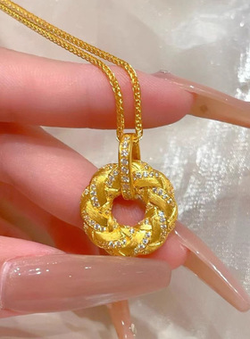 日本品质新中式古法拉丝鎏光织金项链镶钻金色圆满平安扣编织甜甜