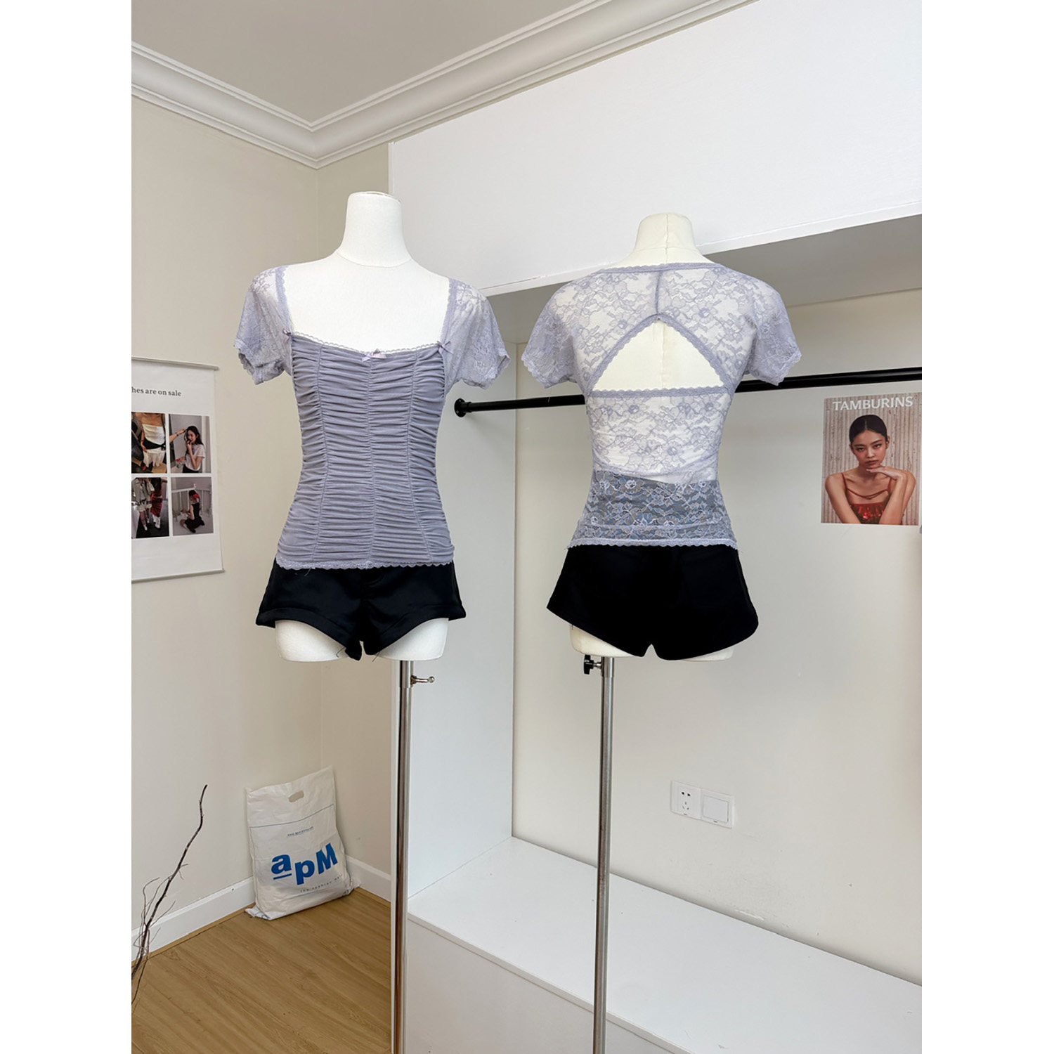 法式葡萄紫方领抹胸抽褶网纱蕾丝拼接短袖收腰显瘦T恤女露背上衣 - 实物图