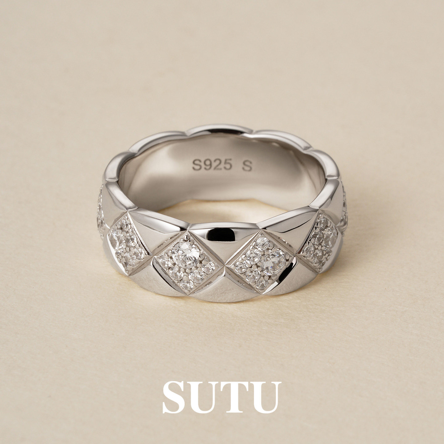 素图菱格纹戒指925银简约时尚小众设计清冷感食指轻奢气质指环女