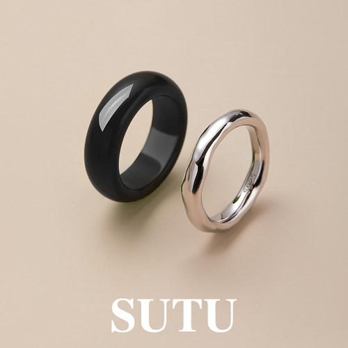 sutu女黑玛瑙复古小众简约银戒指