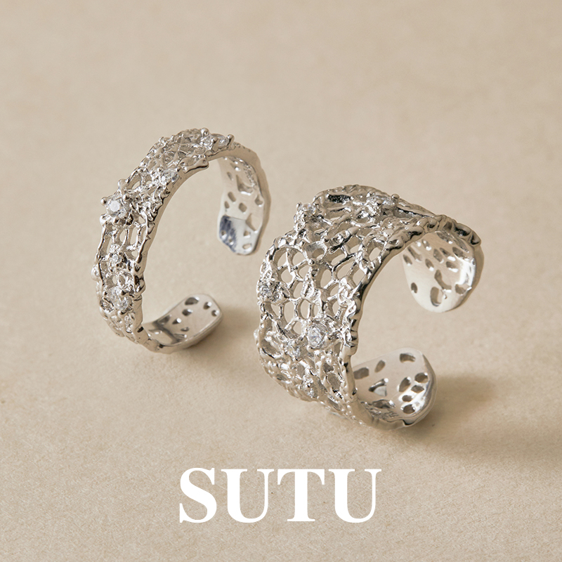 素图蕾丝925银小众设计感开口戒