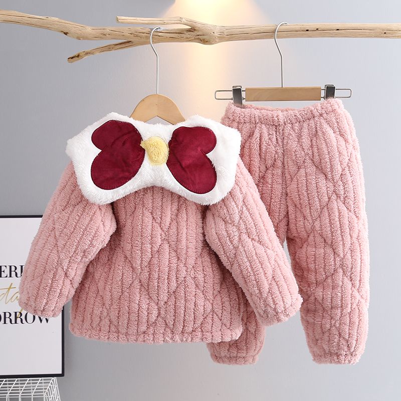 儿童睡衣法兰绒女孩冬季三层夹棉加厚珊瑚绒女童加绒大小童家居服