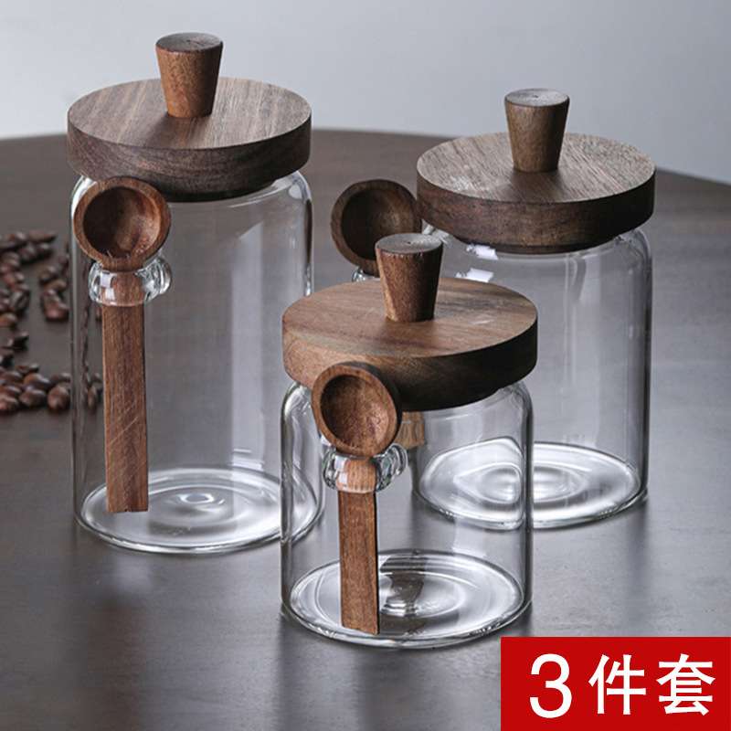玻璃密封罐3件套装带小勺透明瓶子储物罐茶叶收纳盒咖啡豆保存罐