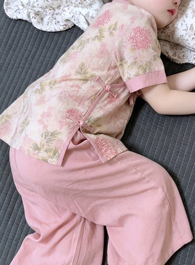 母女装洋派新中式国风亲子装中大童短袖九分裤棉绸两件套日常可穿
