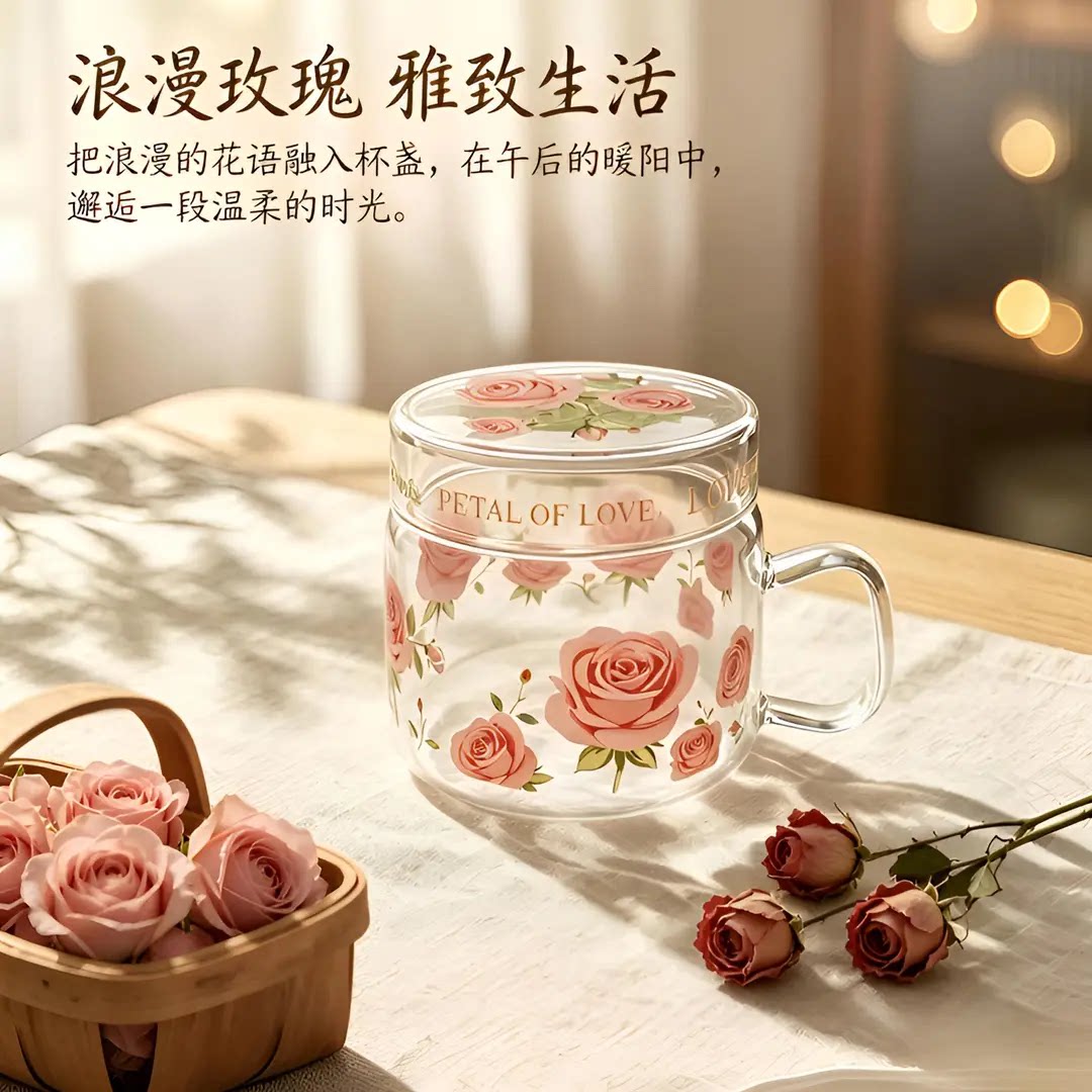 高颜值ins风玻璃杯带盖子女生办公室耐高温可微波炉小清新喝水杯