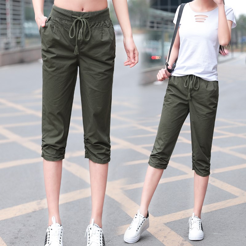 七分裤女b夏2023新款宽松大码高腰显瘦哈伦裤胖mm纯棉运动中裤马