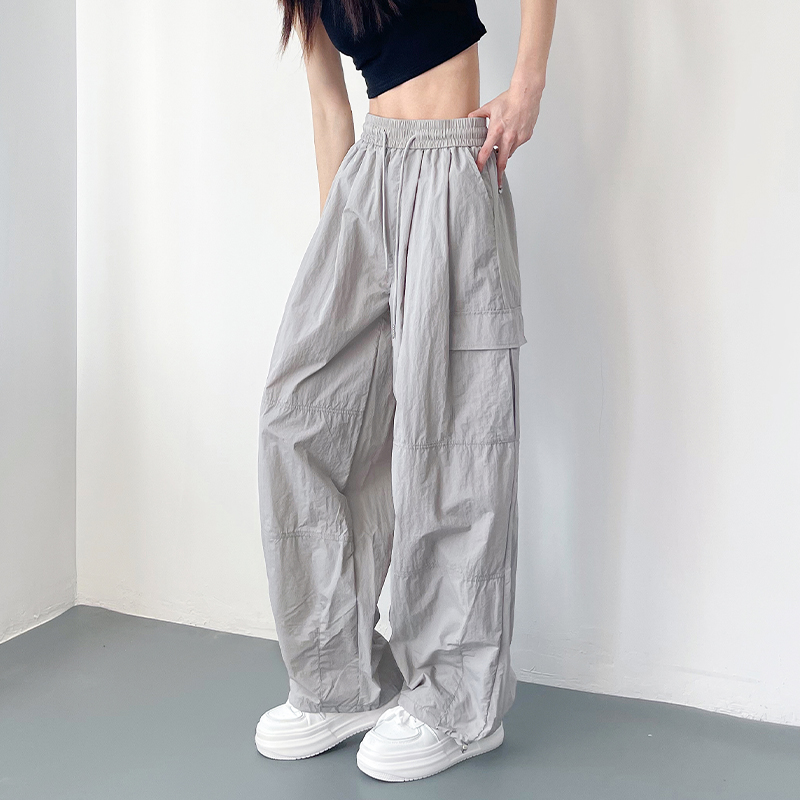 灰色工装阔腿裤女夏季胖mm冰丝速干休H闲裤大码宽松显瘦运动直筒