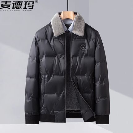 时尚毛领b羽绒服男轻薄保暖短款2024新款秋冬季中年爸爸冬装外套