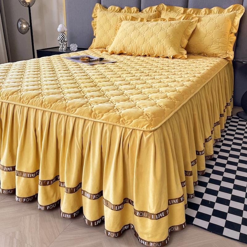 夹棉床裙式床罩单件韩式夹棉纯色防滑席梦思荷叶花边床套四季通用