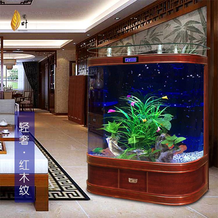 新双圆角鱼缸中式轻奢落地靠墙客厅生态水族箱中小型免换水金鱼缸
