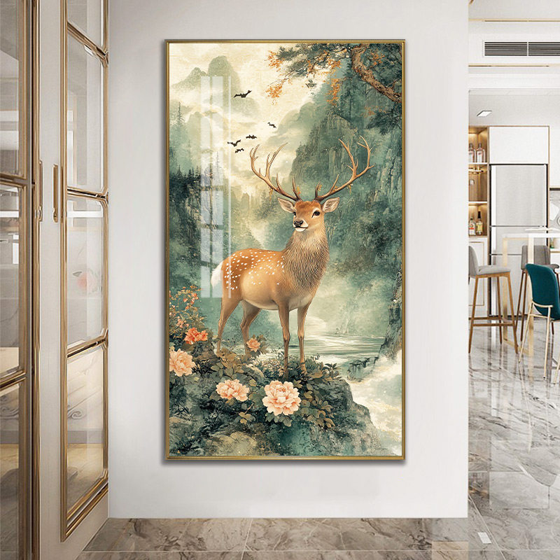 一鹿生财寓意好入户玄关画竖版风水装饰画森林麋鹿蝙蝠挂画