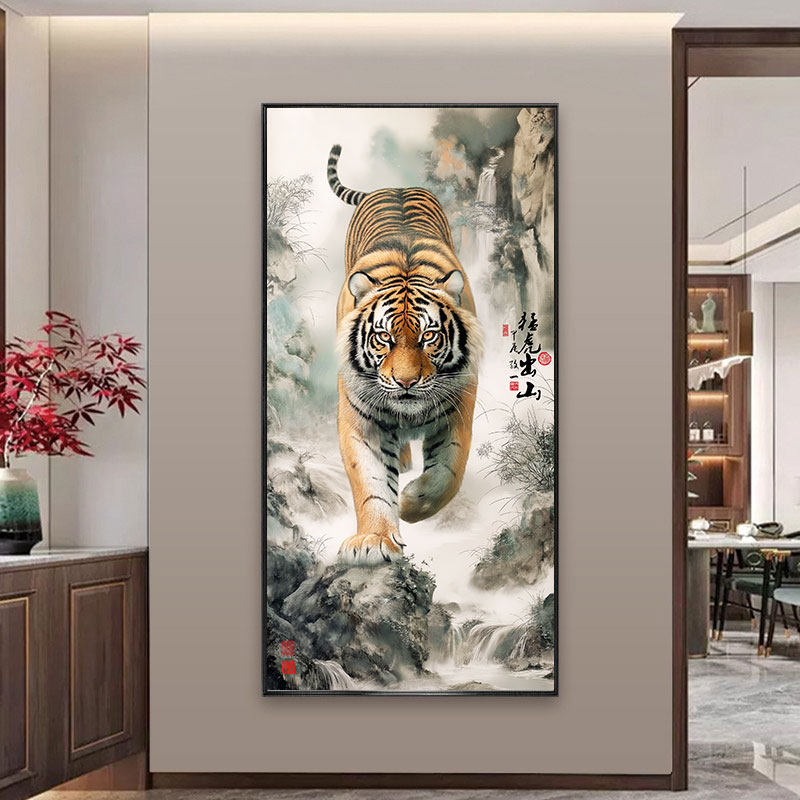 老虎画 画上山虎招财入户玄关走廊过道装饰画 画猛虎下山图壁画