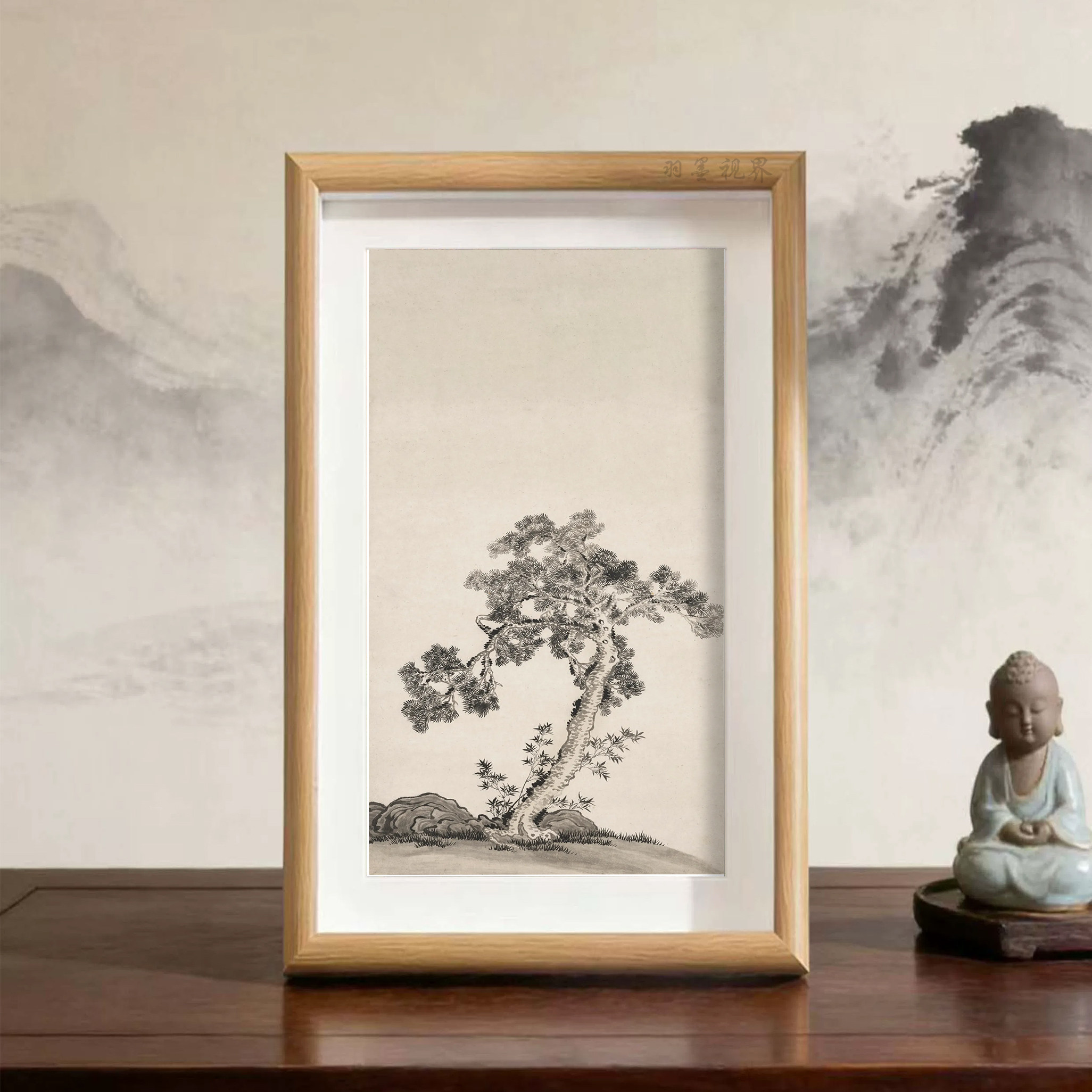 水墨松树古画新中式相框摆件国风山水装饰画书房送礼好物