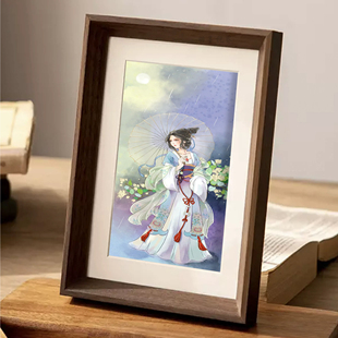 古风月夜雨景撑伞仕女国风插画装饰画新中式禅意书房卧室桌面摆台