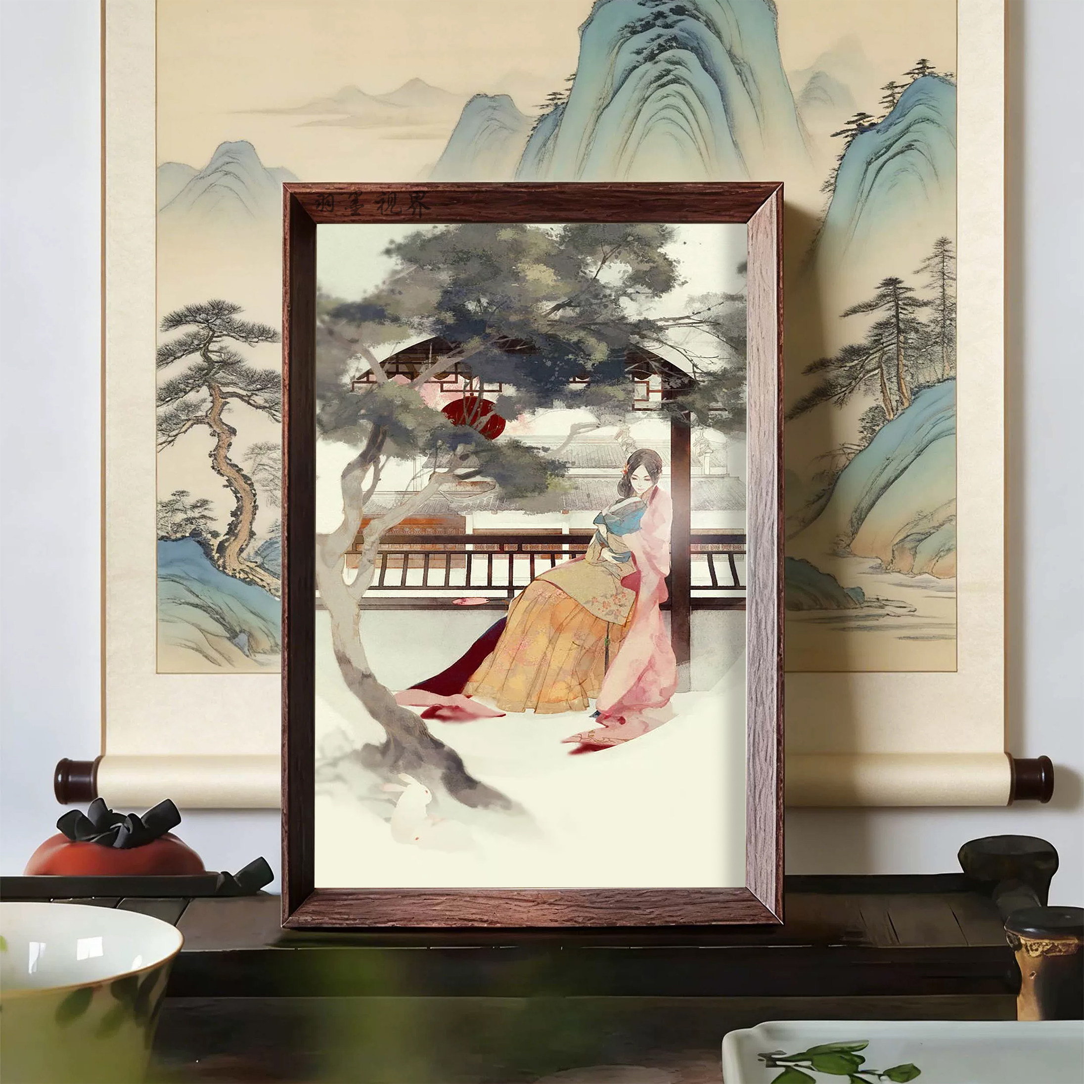 古庭松树下仕女白兔摆件水墨古风宅院灯笼国风新中式桌面温婉