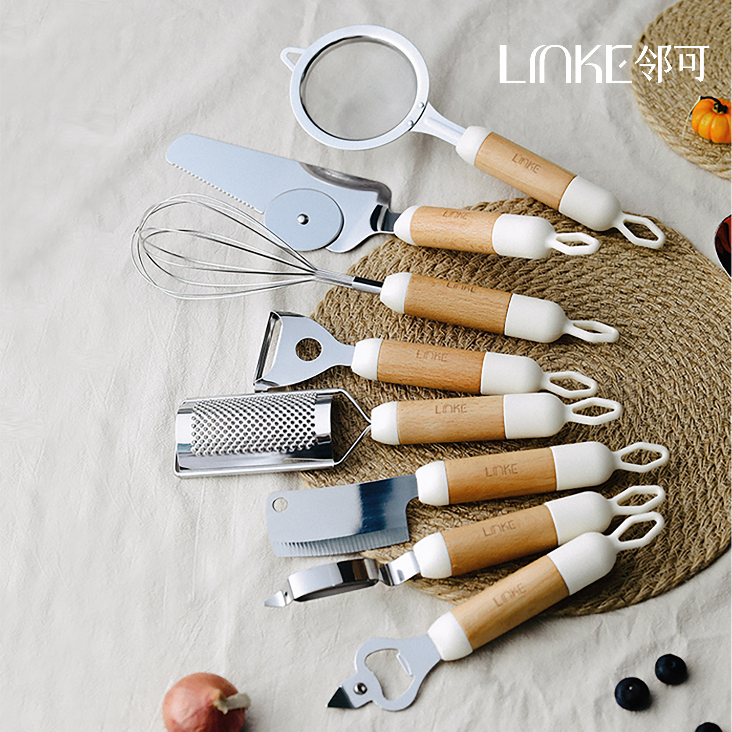 LINKE邻可 &middot;日式厨房多功能杂件工具 不锈钢硅胶木柄烹饪烘焙工