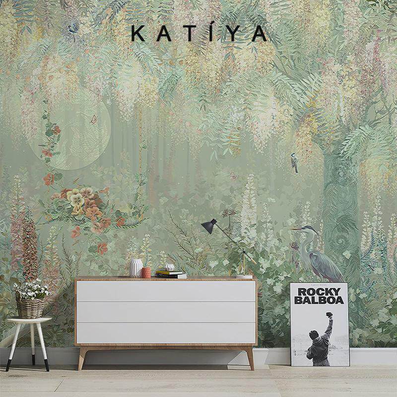 热销Katiya美式手绘油画花草墙布法式客厅电视背景墙壁画无缝沙发