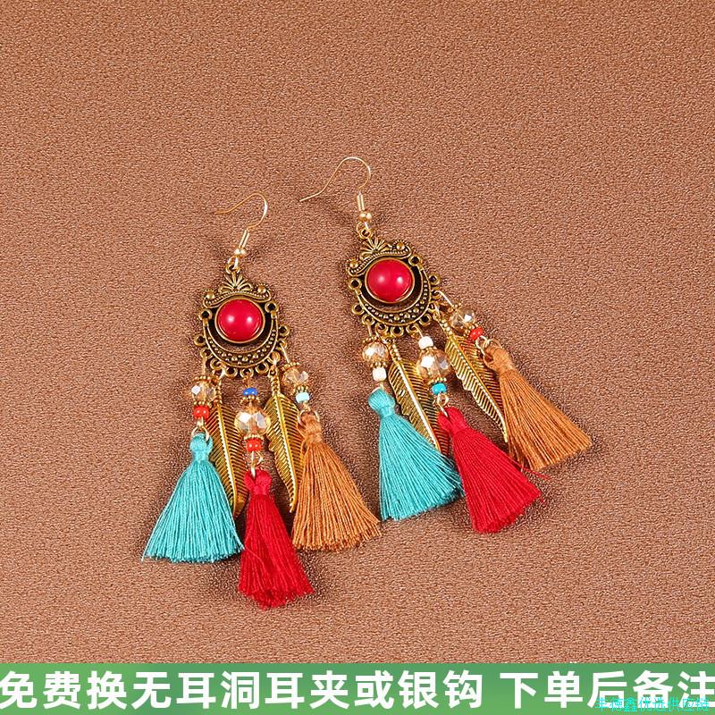 波西米亚风彩色流苏耳环女士高级度假民族风合金镀金耳饰*