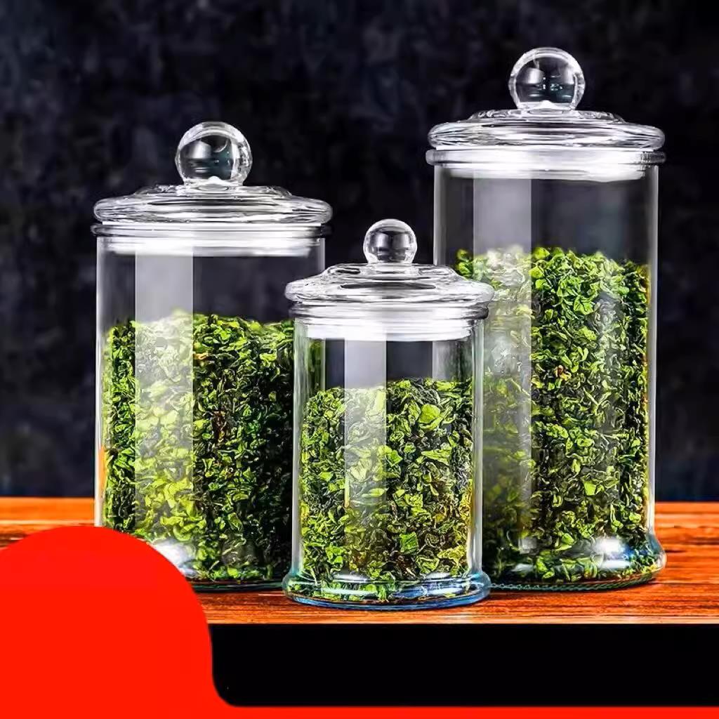 透明玻璃茶叶罐密封罐家用带盖多功能圆形储物罐便携防潮花茶罐子