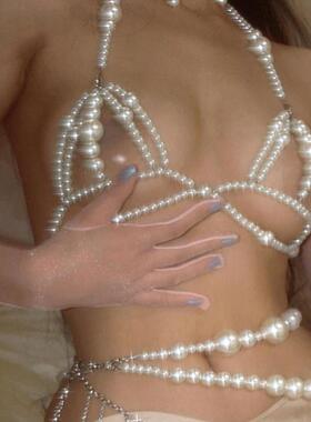 欧美性感度假风仿珍珠文胸衣饰链 正品比基尼链条身体链女