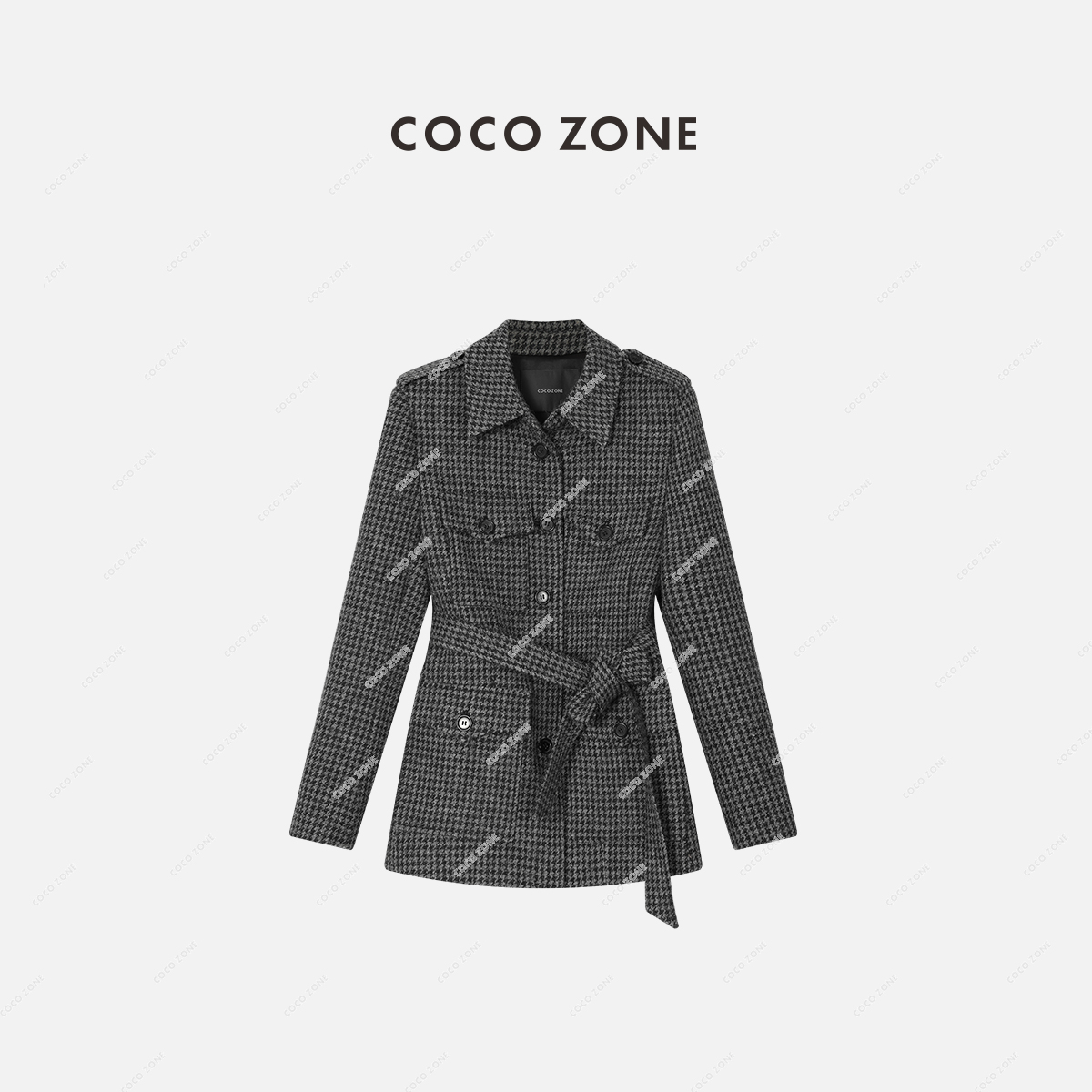 COCO ZONE 刘11 小香风时尚千鸟格风衣扣腰带内外套23C19471