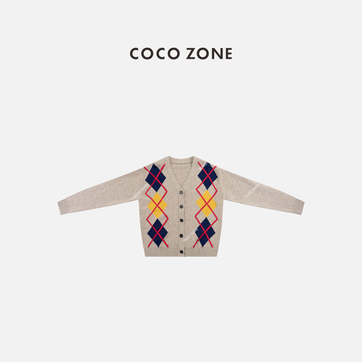 COCOZONE 刘一一2025春装绵羊毛设计感拼色菱格V针织领衫CC2D2357
