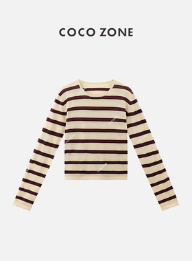 COCO ZONE刘一一 夏季新款复古条纹圆领针织衫百搭上衣CC1B1196