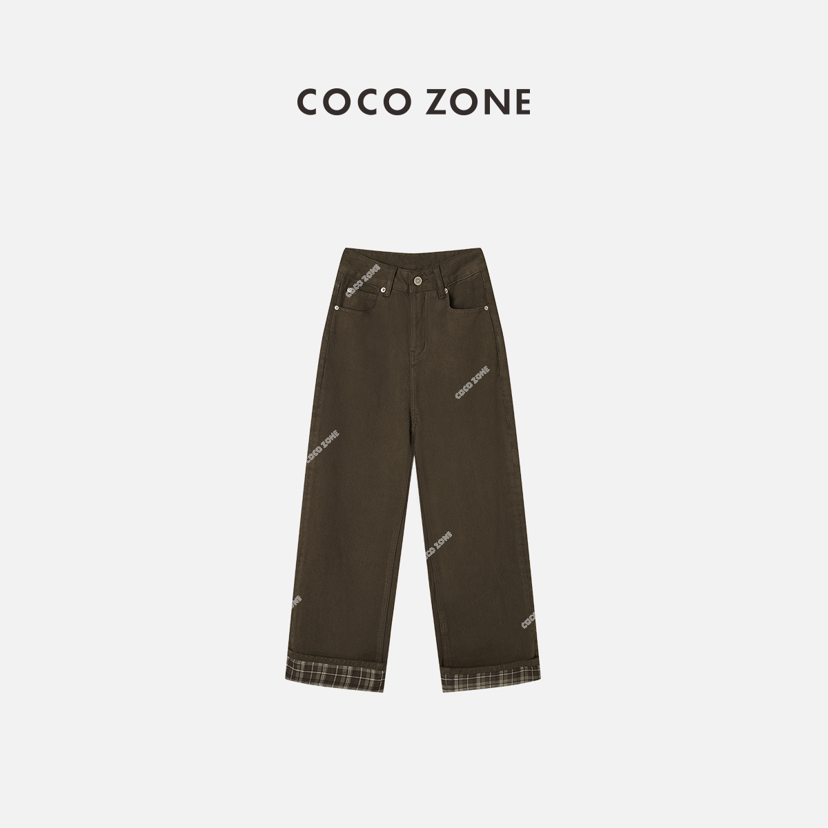 COCO ZONE 刘11美拉德春秋薄绒格纹翻裤脚直筒牛仔裤女23C19830