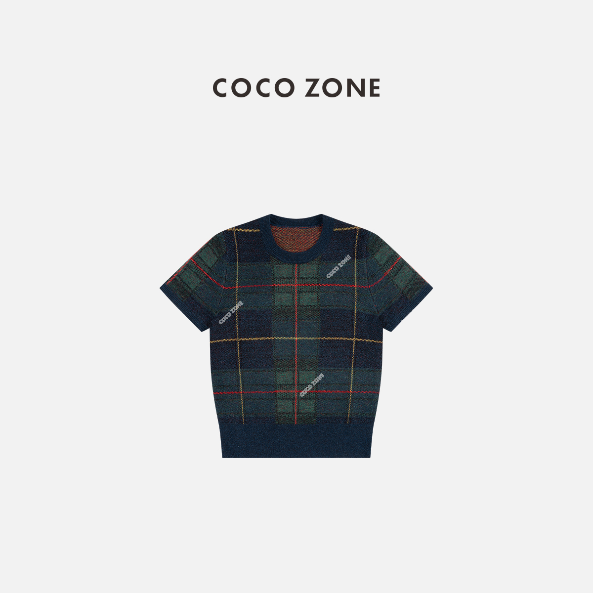 COCO ZONE刘一一 2025早春复古高格子圆领针织衫短袖上衣CC2D2436