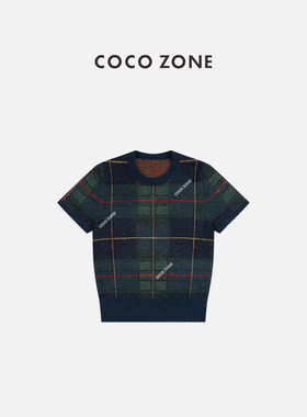 COCO ZONE刘一一 2026早春复古高格子圆领针织衫短袖上衣CC2D2436