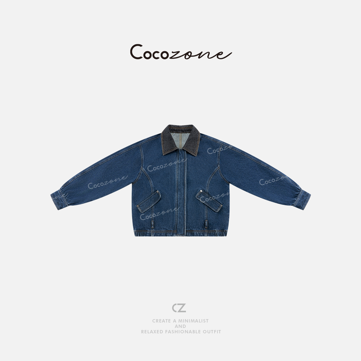 COCOZONE刘一一伯克利2025秋装100棉撞色翻领牛仔外套女ACD1A0159