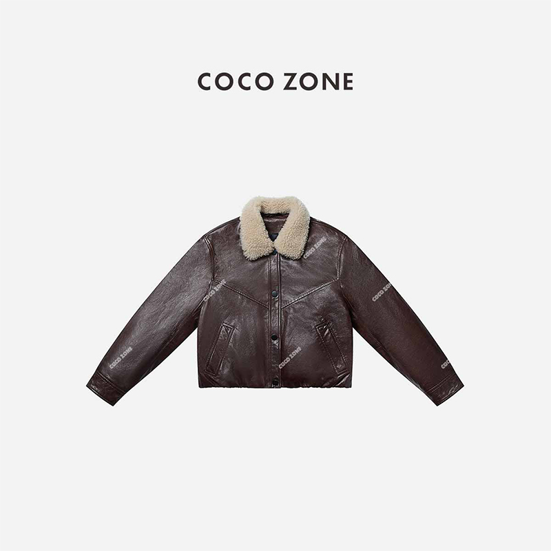 COCO ZONE 刘11冬季复古高级感气质翻领保暖羽绒服皮衣CC2D3369