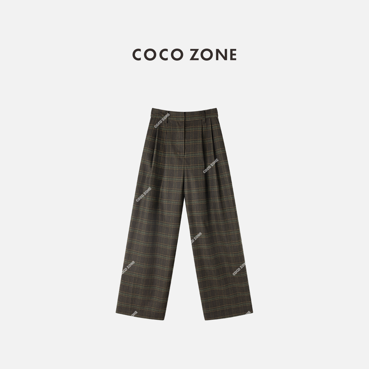 COCO ZONE 刘一一 时尚格纹女士休闲裤松紧腰撞色直筒裤CC1C2214