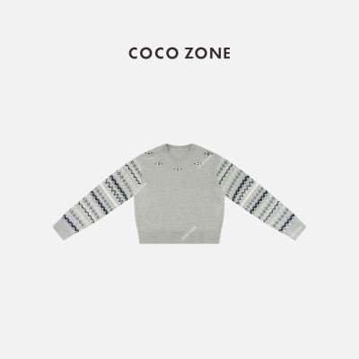 COCOZONE刘一一2025早秋拼色设计感圆领长袖套头毛针织衫CC1D2501