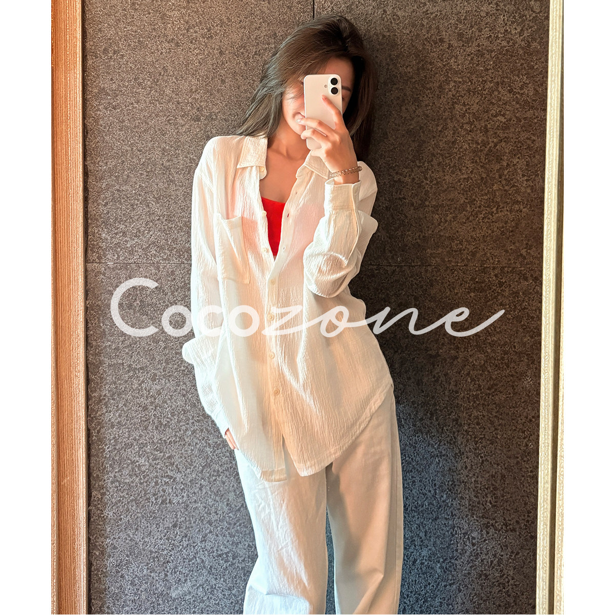 COCO ZONE刘一一"冰蓝衬衣"100棉26夏款翻领长袖衬衫CF1B1050