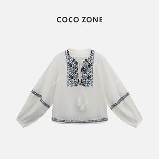 COCO 民族风白色衬衫 女薄款 宽松中国风气质显瘦衬衣 ZONE