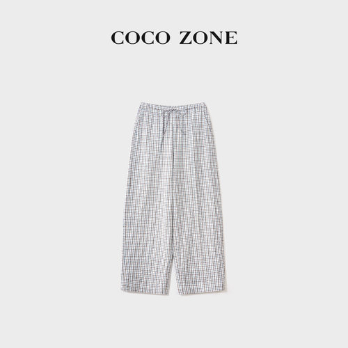COCO ZONE 刘一一26夏款系带格纹透气直筒休闲裤松紧腰 CF1B0954