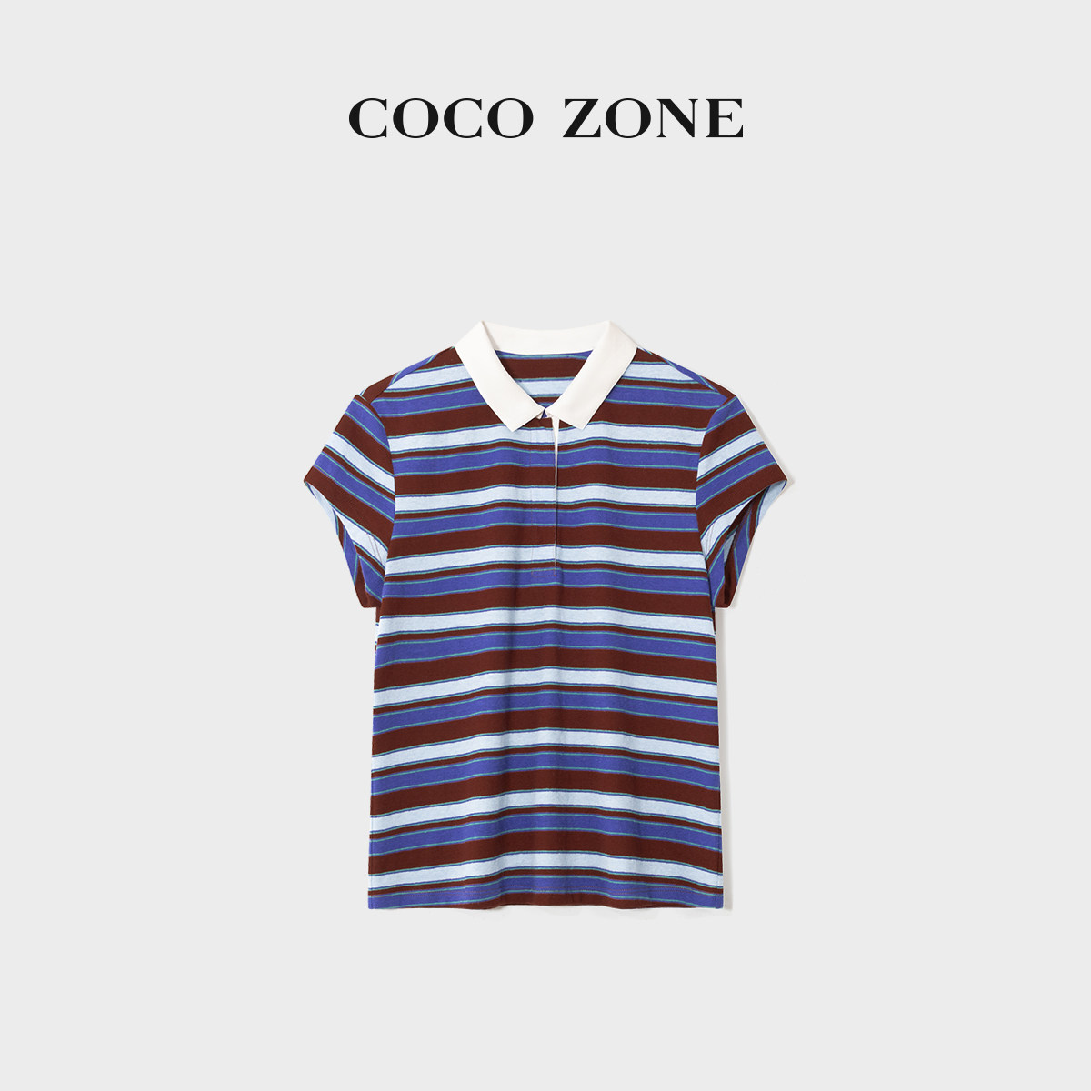 COCO ZONE刘一一"有机条纹"汉麻混纺26夏款翻领短袖T恤CF1B1073