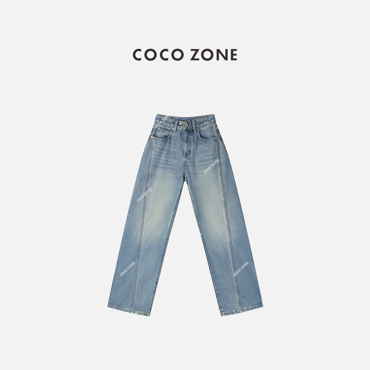 COCOZONE 刘一一 复古显瘦蓝色设计感磨毛直筒宽松牛仔裤CC2D3292