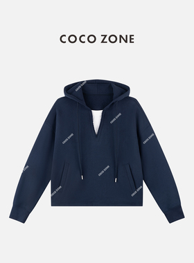 COCO ZONE 刘11100棉设计感高级撞色V领百搭连帽卫衣女CC2C1917