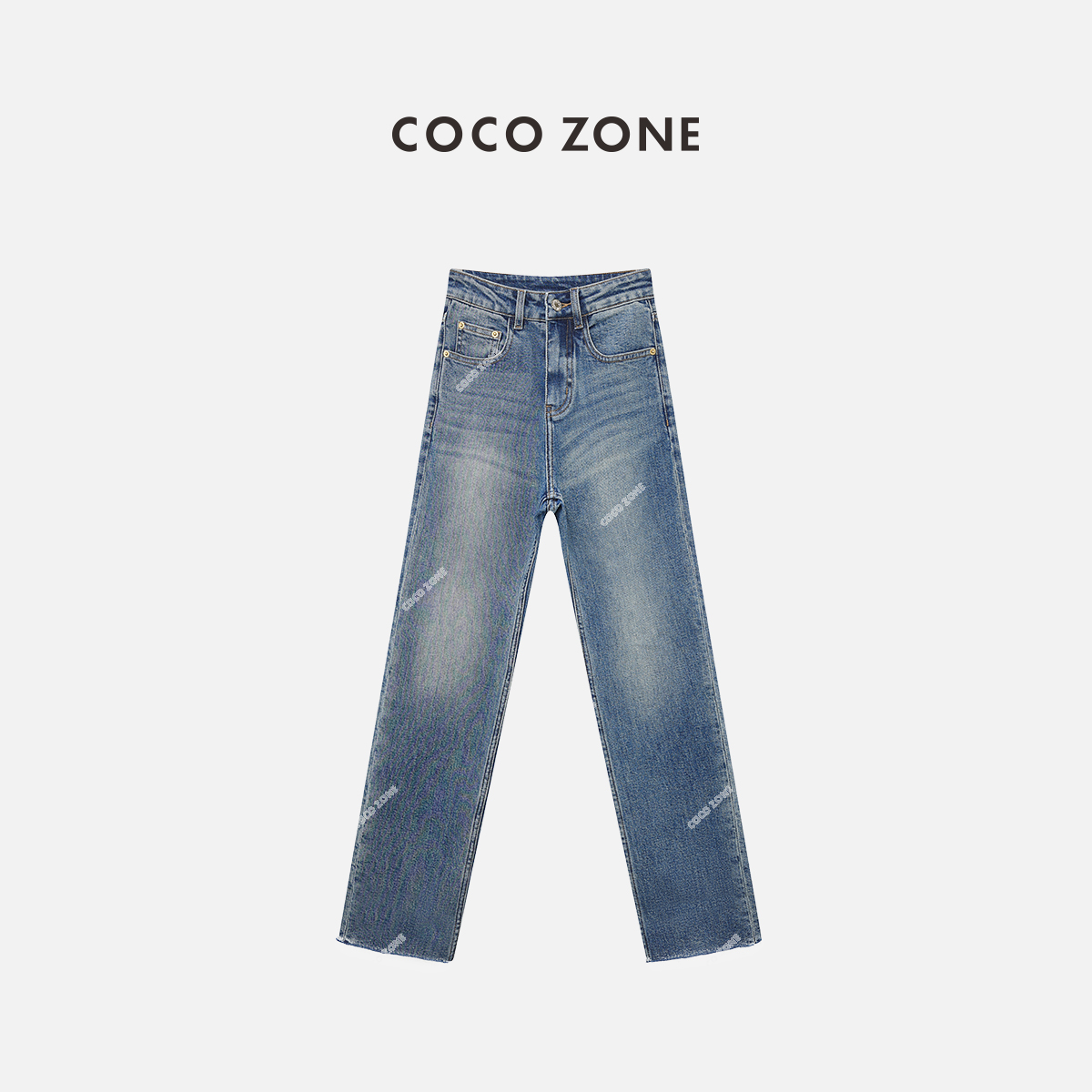 COCO ZONE 刘11早秋高腰直筒撞色阔腿裤女高级感牛仔裤24C10221
