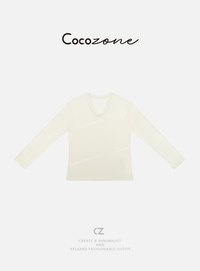COCOZONE刘11绵羊毛山羊绒设计感宽松早春纯色V领打底长袖T恤女