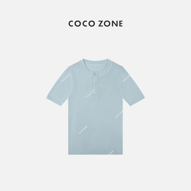 COCOZONE圆领坑条纹半门襟针织衫