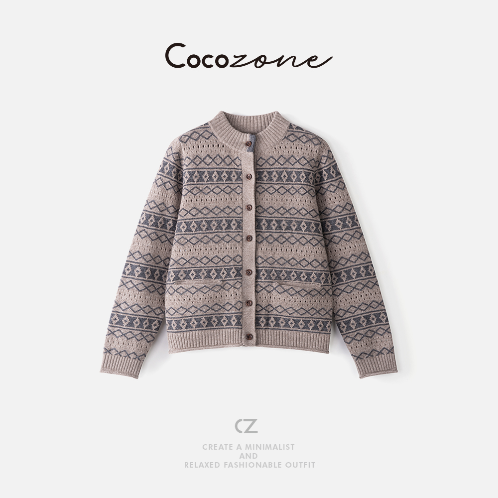 COCO ZONE 刘一一 几何文艺毛衣外套100羊毛开衫宽松慵懒毛织上衣