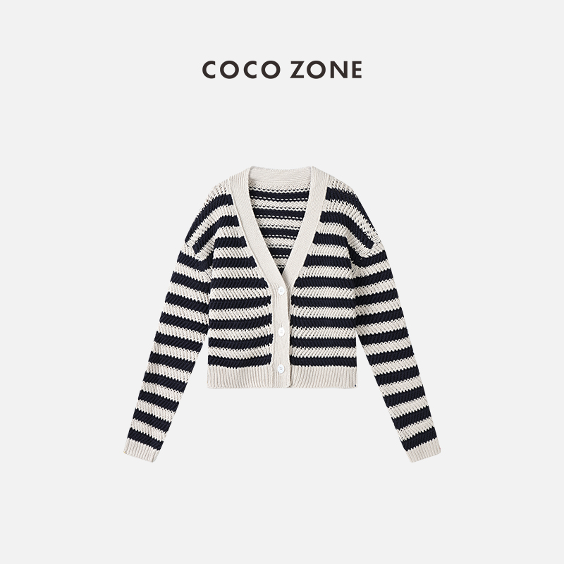 COCOZONE黑白撞色条纹毛针织开衫