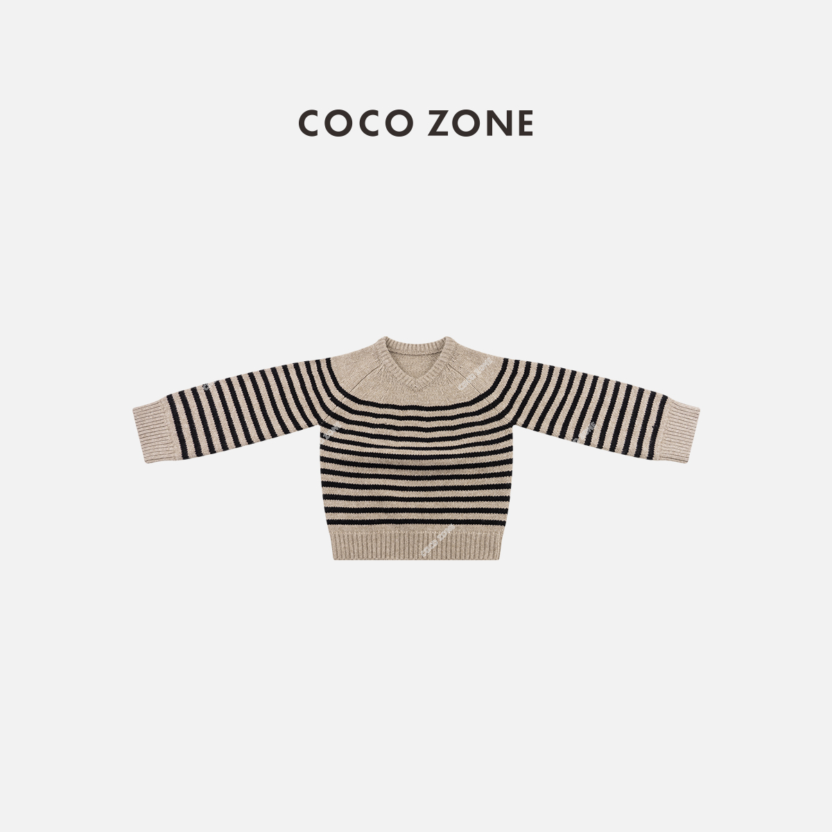 COCO ZONE 刘11 100绵羊毛条纹V领针织衫套头上衣CC1C2299