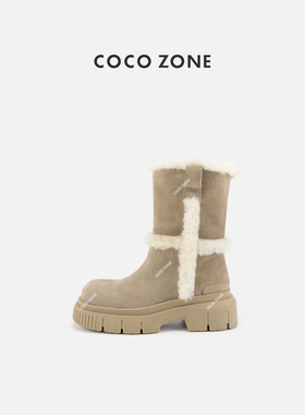 COCO ZONE 刘11 秋冬设计感拼色粗跟女士短筒雪地靴CC2D2617