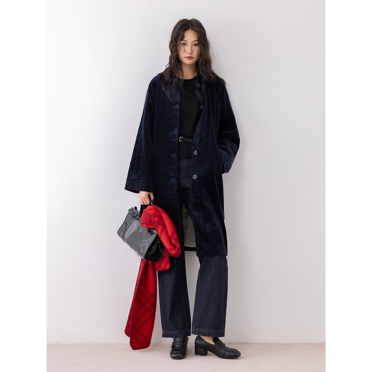 刘11&COCO ZONE中长款翻领灯芯绒外套气质单排扣上衣24C10064