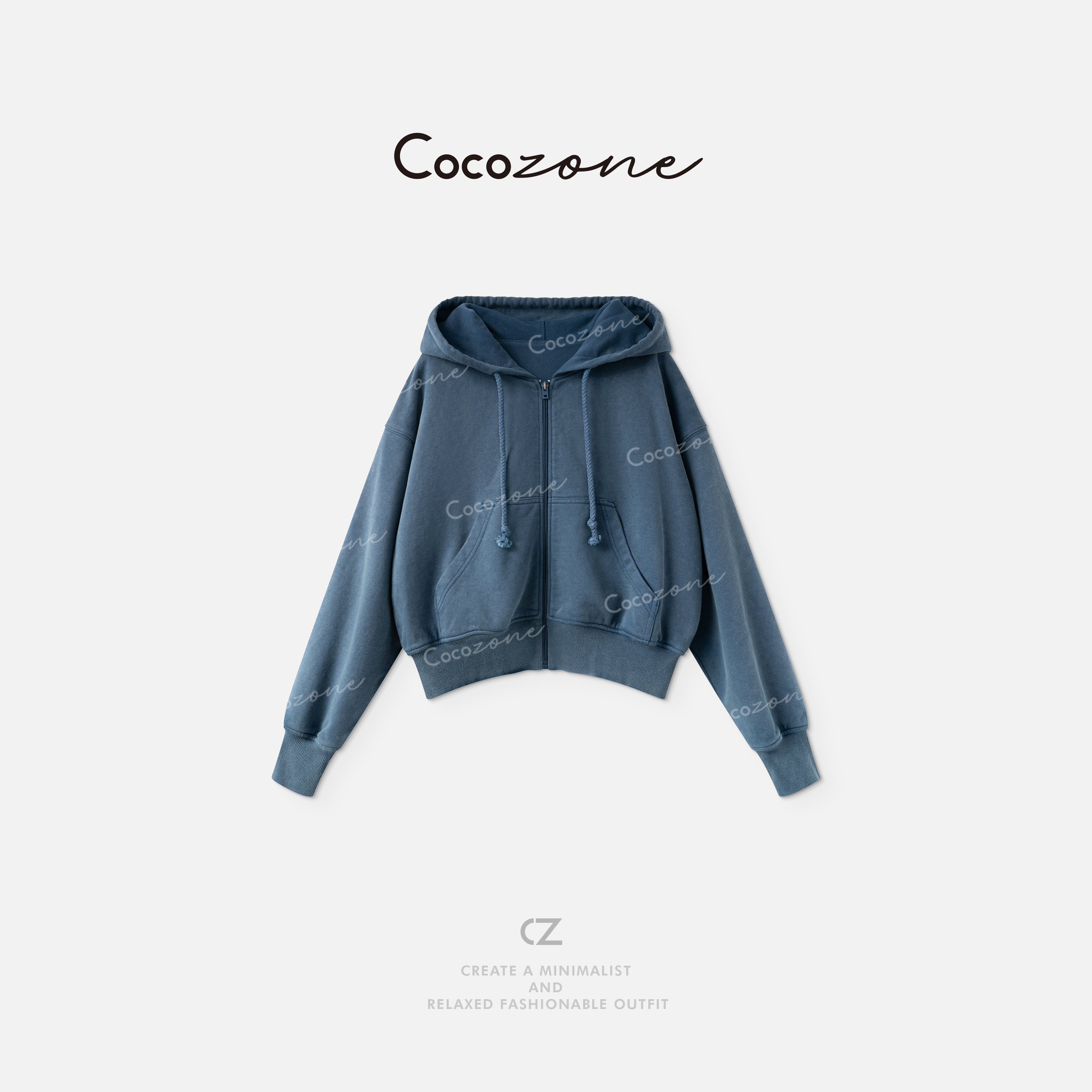 COCO ZONE 刘一一“水洗蓝”100棉连帽拉链口袋开衫卫衣 CD1A1235